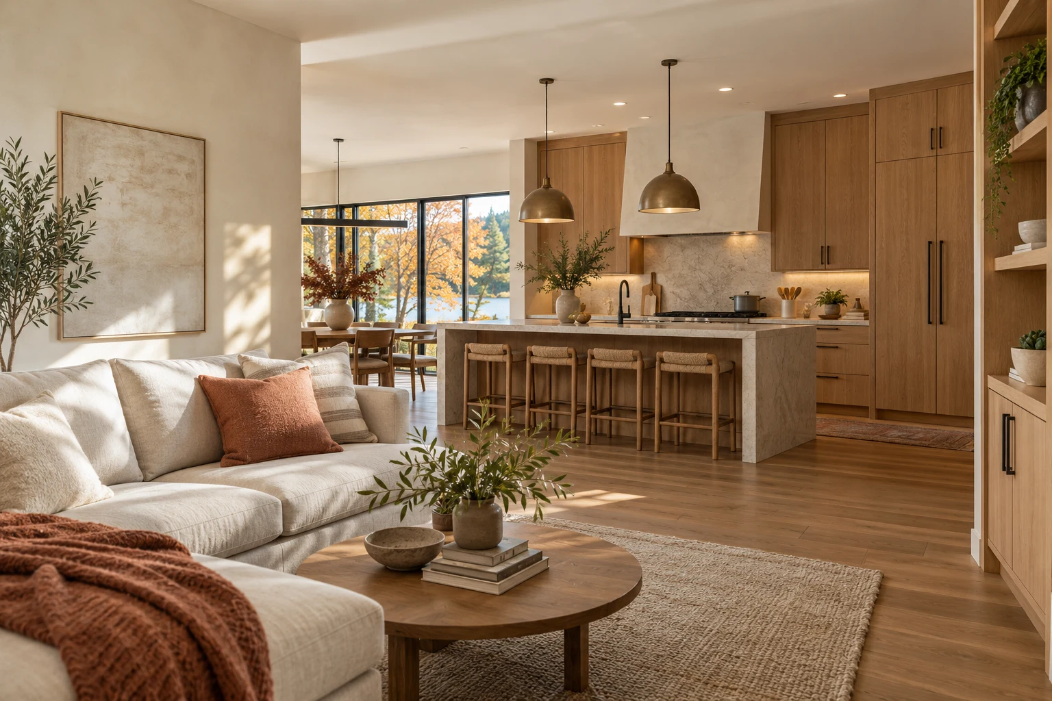 Illustrative renovated home with warm oak cabinetry, layered lighting and an open living area